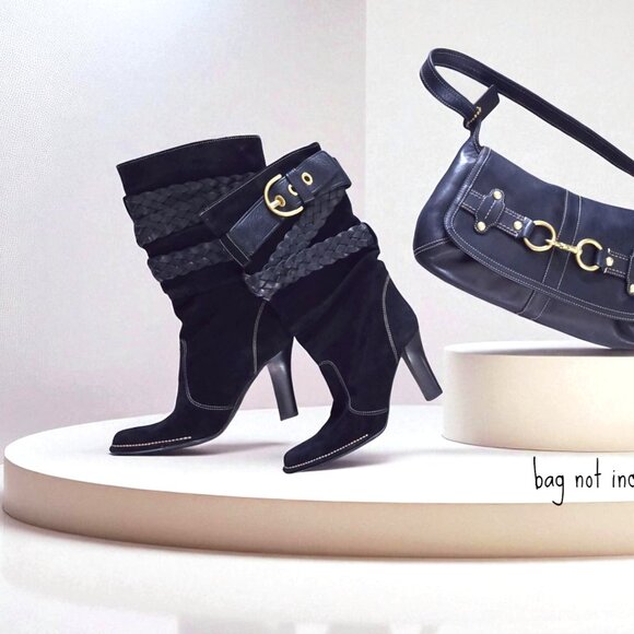 Vintage COACH Randie Belted Slouch Boots black suede 8 - Picture 1 of 12